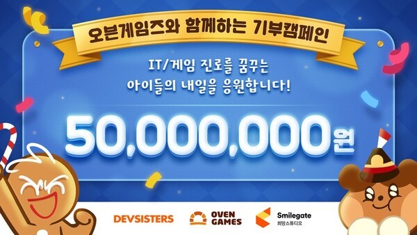 오븐게임즈가 스마일게이트 희망스튜디오에 취약계층 아이들의 꿈 지원 위한 기부금을 전달했다. /사진=데브시스터즈