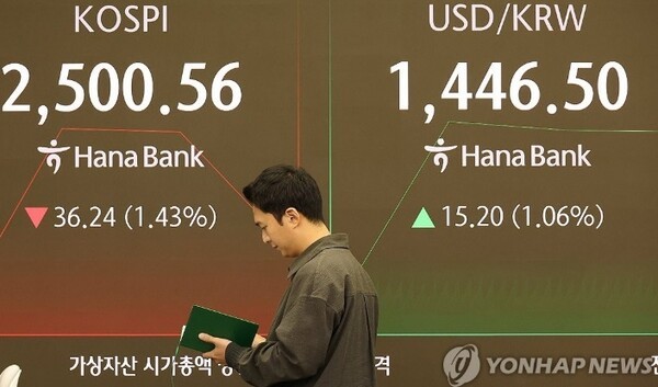 31일 오전 서울 중구 하나은행 본점 딜링룸 현황판에 코스피 지수가 표시되고 있다. 이날 코스피는 2,530대에서 약세 출발했다.  / 사진=연합뉴스