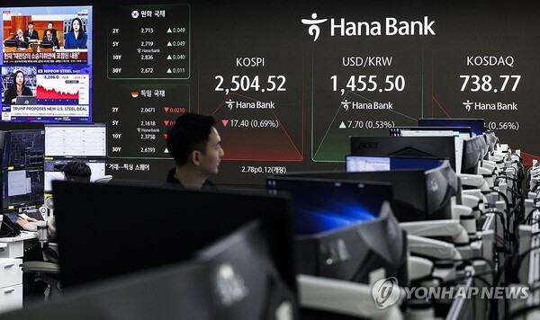 10일 오전 서울 중구 하나은행 본점 딜링룸의 모습./사진=연합뉴스