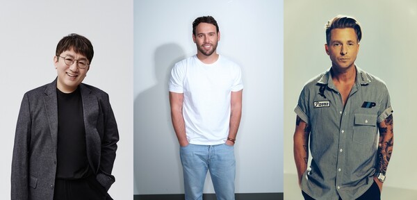 왼쪽부터 하이브 방시혁 의장, 스쿠터 브라운 하이브 아메리카 CEO, 라이언 테더  / 사진=하이브