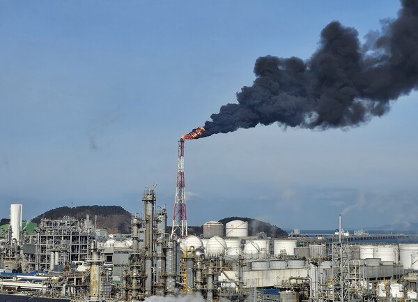 25일 오전 충남 서산 대산석유화학단지 내 LG화학과 롯데케미칼에 전기 공급이 끊기면서 공장 가동이 멈춘 가운데 생산공정에 투입된 원료를 태우는 작업이 진행되면서 굴뚝에서 검은 연기가 뿜어져 나오고 있다./사진=연합뉴스