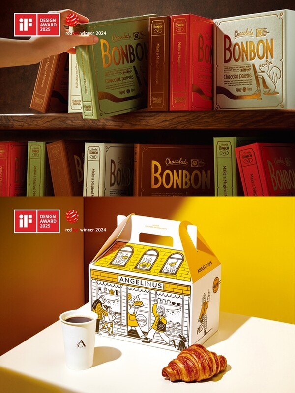 (왼쪽부터) iF 디자인 어워드 본상을 수상한 '엔제리너스 베이커리 패키지 디자인' ‘쇼콜라팔레트 브랜드 디자인’ / 사진=롯데GRS