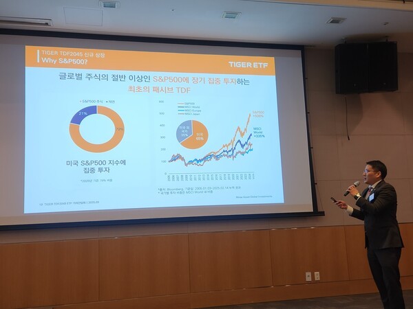 미래에셋자산운용이 24일 여의도 FKI컨퍼런스센터에서 개최한 '타이거 TDF2045 ETF 상장 기자간담회'에서 윤병호 전략ETF운용본부장이 발언하고 있다. 사진=김준하 기자
