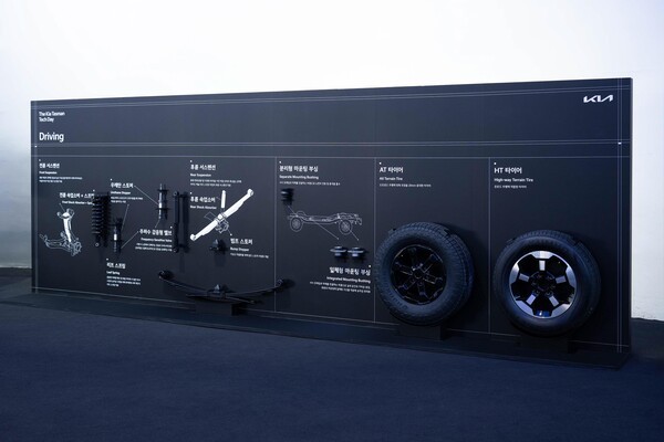 타스만에 적용된 서스펜션과 타이어가 전시돼 있다./사진=기아