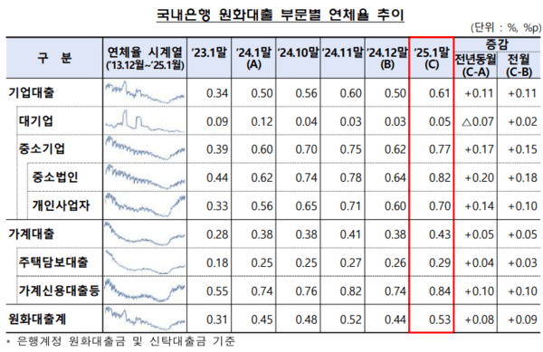 28일 금융감독원이 발표한 '2025년 1월말 국내은행의 원화대출 연체율 현황(잠정)'의 내용.  /자료=금융감독원