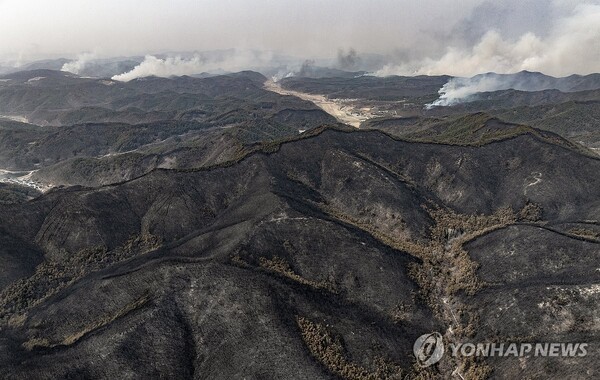  산불이 휩쓸고 간 경북 의성군 산림이 시커멓게 폐허가 된 모습을 보이는 가운데 산불이 안동시 쪽으로 번져나가고 있다. /사진=연합뉴스