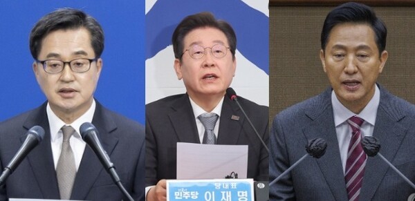 왼쪽부터 김동연 경기도지사, 이재명 더불어민주당 대표, 오세훈 서울시장. / 사진=연합뉴스