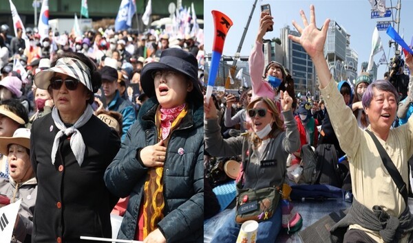 대한민국바로세우기국민운동본부 탄핵반대 집회 지지자들(왼쪽)과 탄핵에 찬성한 시민들이 헌재의 파면 선고에 환호하고 있는 모습. / 사진=연합뉴스