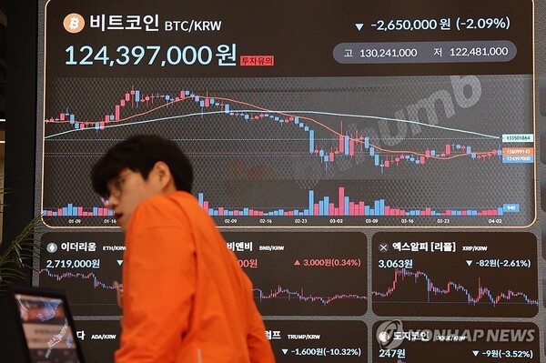 트럼프 행정부의 '관세 폭탄'으로 비트코인, 이더리움 등 가상화폐 시세가 약세를 보이고 있다. 지난 3일 서울 서초구 빗썸라운지 모습. /사진=연합뉴스