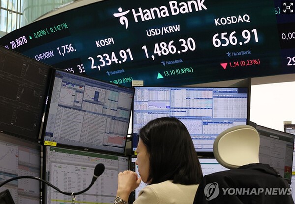 9일 서울 중구 하나은행 본점 딜링룸 현황판에 코스피, 원/달러 환율, 코스닥 지수가 표시돼 있다. 사진=연합뉴스