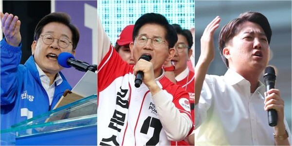6월 3일 치러지는 21대 대통령 선거 주요 후보들이 공식선거 운동 이틀째인 13일 일제히 '보수 심장'이라 불리는 대구·경북(TK)으로 향해 표심 쟁탈전에 나섰다.사진 왼쪽부터 이재명 더불어민주당, 김문수 국민의힘, 이준석 개혁신당 후보./사진=연합뉴스