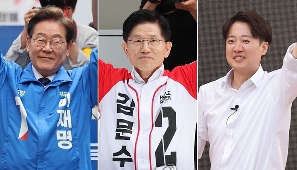 지난 13일 대구에서 유세하는 이재명 후보(왼쪽부터), 부산 자갈치 시장에서 유세하는 김문수 후보, 대구 2.28기념중앙공원에서 유세하는 이준석 후보. / 사진=연합뉴스