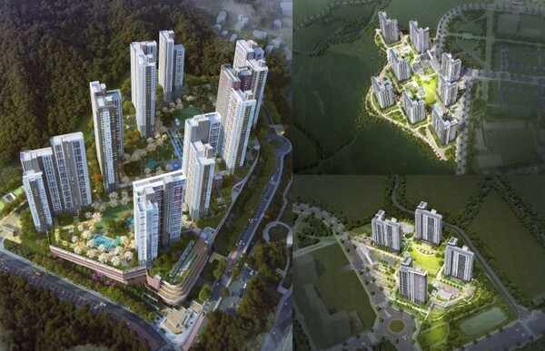 제 아주 공공지원 민간임대주택 조감도(왼쪽), 밀양부북 A-1BL 조감도(오른쪽 위), S-2BL 조감도(오른쪽 아래)./사진=BS한양