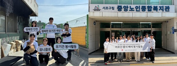 매장 오픈에 앞서 자원봉사활동을 진행한 유니클로 롯데백화점 인천점(왼쪽) 및 서울고속터미널점 직원들. 