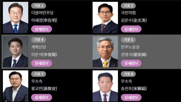 제21대 대통령 선거 후보 목록. /캡처=중앙선거관리위원회
