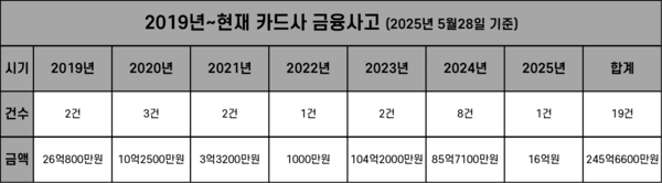 2019년~현재 카드사 금융사고(2025년 5월28일 기준). /자료=강민국 의원실. 비씨카드