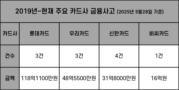 2019년~현재 주요 카드사 금융사고(2025년 5월28일 기준). /자료=강민국 의원실. 비씨카드