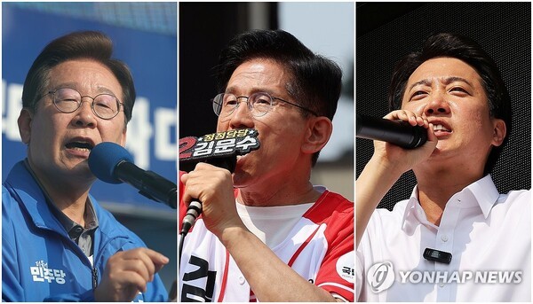 제21대 대통령 선거를 이틀 앞둔 1일 더불어민주당 이재명 대선 후보(사진 왼쪽부터)가 울산광역시 일산해수욕장 앞에서, 국민의힘 김문수 대선 후보가 경기도 수원컨벤션센터 광장에서, 개혁신당 이준석 대선 후보가 경기도 화성시 동탄호수공원에서 지지를 호소하고 있다.         /사진=연합뉴스