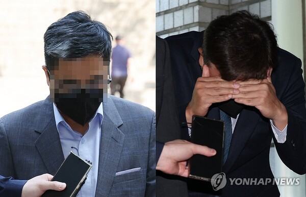 880억원대 부당대출 의혹을 받고 있는 IBK기업은행 직원 조모씨(왼쪽)와 전직 직원 김모씨가 지난 11일 영장실질심사를 받기 위해 서울 서초동 서울중앙지법에 출석하고 있다./사진=연합뉴스