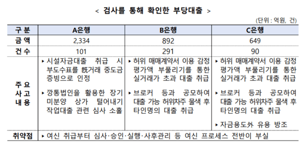 지난 2월 금융감독원이 발표한 '2024년 지주・은행 등 주요 검사결과'. 우리은행, KB국민은행, NH농협은행에서 총 3875억원의 부당대출이 벌어졌다. /자료=금융감독원