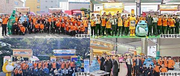 하이트진로는 국민의 생명과 안전을 위해 헌신하는 소방공무원들을 응원하고자 기획한 ‘하이트진로 감사의 간식차’ 상반기 일정을 진행했다. 좌측 상단부터 시계방향으로 목포소방서, 포항북부소방서, 세종남부소방서, 김포소방서.