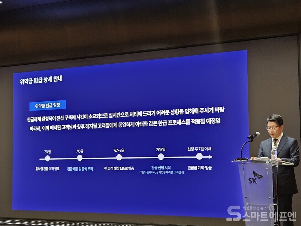 임봉호 SK텔레콤 MNO사업부장이 SK텔레콤 해지 위약금에 대해 설명하고 있다. / 사진=양대규 기자