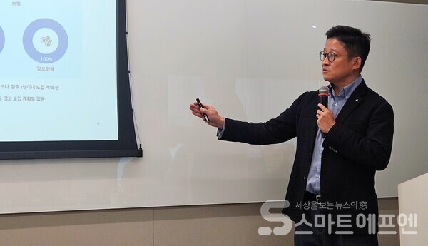 AWS 기자간담회에서 AWS 금융사업 총괄 노경훈 전무가 발표를 하고 있다. /사진=양대규 기자