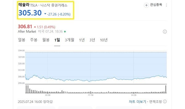 25일 오전 7시 39분 기준 테슬라 일일 주가 추이/ 사진=네이버 주식