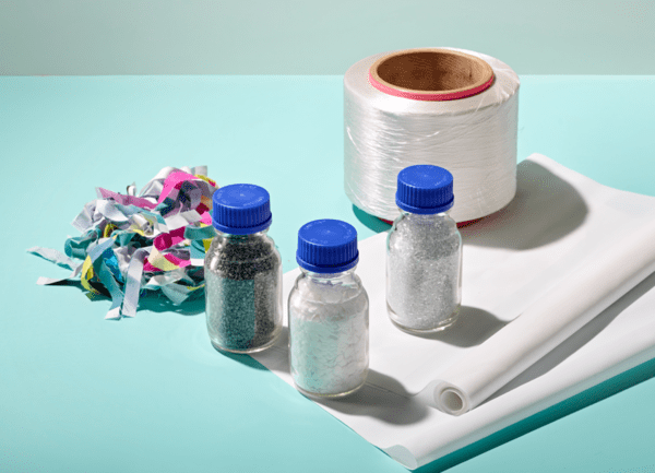 SK케미칼은 6일 서울특별시와 '폐현수막의 순환 이용 촉진을 위한 업무협약(MOU)'을 체결한다고 5일 밝혔다. 사진은 폐현수막을 잘게 분쇄해 화학적 재활용 과정을 거쳐 재활용 소재를 만든 후 실을 방사해 현수막으로 제작되는 각 단계 별 제품들. /사진=SK케미칼