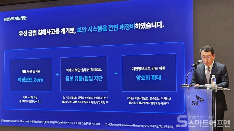 유영상 SK텔레콤 대표가 보안 강화와 고객 신뢰 회복안을 발표 중이다.  /사진 =양대규 기자