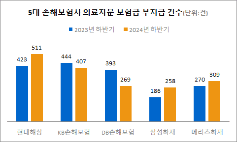 5대 손해보험사 의료자문 보험금 부지급 건수 추이. /자료=손해보험협회. 표=한시온
