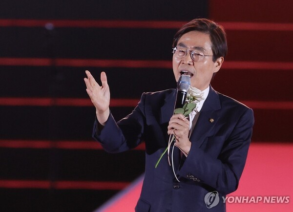 국민의힘 당 대표 선거에 출마한 조경태 후보가 22일 국민의힘 제6차 전당대회에서 발언하고 있다. /사진=연합뉴스