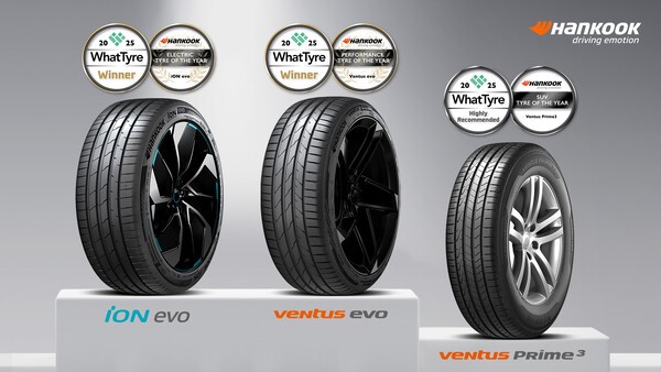 한국타이어는 자사 전기차 전용 퍼포먼스 타이어 '아이온 에보'와 초고성능 퍼포먼스 타이어 '벤투스 에보'가 영국 타이어 전문 매체 왓타이어의 '2025 왓타이어 어워드'에서 각각 '올해의 전기차 타이어'와 '올해의 퍼포먼스 타이어' 부문을 수상했다고 3일 밝혔다. /사진=한국타이어