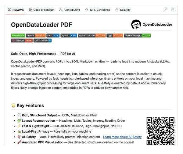 한컴이 공개한 오픈데이터로더 PDF 공식 깃허브 페이지. 