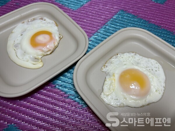 왼쪽은 일반 달걀을 반숙으로 조리한 후의 모습, 오른쪽은 오드그로서 달걀을 반숙으로 조리한 후의 모습이다./사진=김선주 기자 