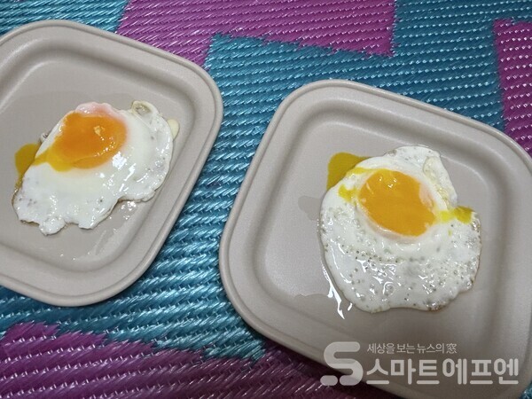 왼쪽은 일반 달걀을 숟가락으로 터트렸을 때, 오른쪽은 오드그로서 달걀을 숟가락으로 터트렸을 때다. 일반 달걀이 좀 더 걸쭉하게 흘러내리는 느낌이고, 오드그로서 달걀은 숟가락을 대자마자 노른자가 주르륵 흘러내렸다. /사진=김선주 기자 