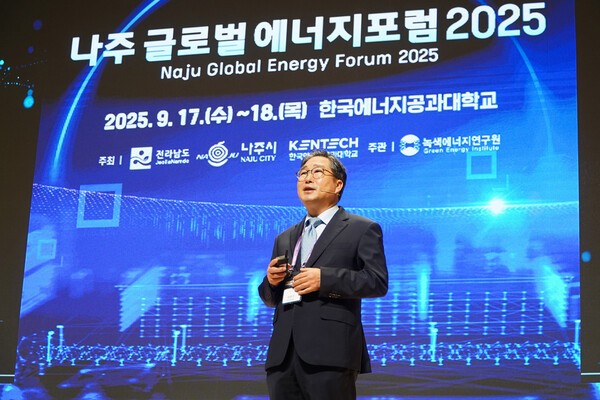 강상구 나주시 부시장이 최근 열린 '나주 글로벌 에너지포럼 2025' 연사로 나서 나주시의 투자 경쟁력과 미래 비전을 발표하고 있다. /사진=나주시