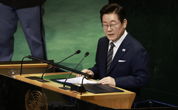 이재명 대통령이 23일(현지시간) 미국 뉴욕 유엔본부 총회장에서 기조연설을 하고 있다. /사진=연합뉴스