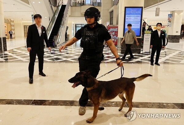 백화점에서 폭발물 탐색하는 탐지견 /사진=연합뉴스