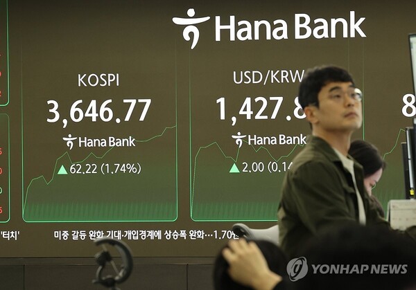 14일 서울 중구 하나은행 딜링룸 모니터에 코스피가 3646.77로 표시돼 있다. /사진=연합뉴스