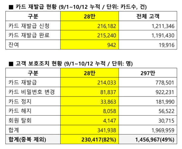 롯데카드가 13일 발표한 고객 보호조치 진행 상황. /자료=롯데카드