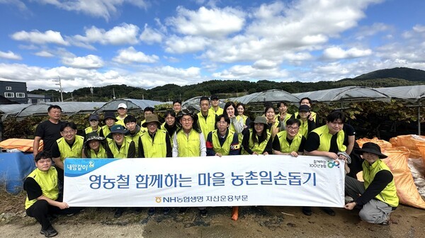 지난 16일 NH농협생명 자산운용부 임직원들이 경기 포천시에서 농촌일손돕기를 실시하고 기념촬영을 하고 있다. /사진=NH농협생명
