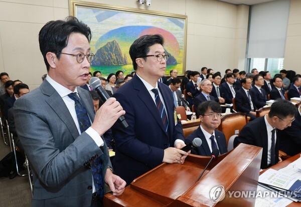 조좌진 롯데카드 대표이사(왼쪽)가 14일 국회 정무위원회에서 열린 국정감사에 증인으로 출석해 발언하고 있다. /사진=연합뉴스