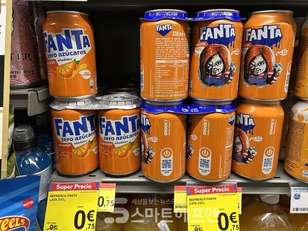스페인 마드리드의 한 마트에서 판매하는 코카콜라 오렌지 환타는 과즙 함량이 4%다./사진=김선주 기자 