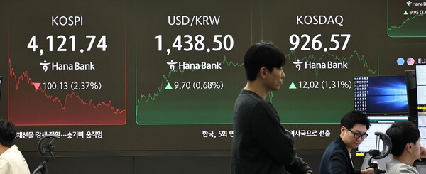 4일 서울 중구 하나은행 딜링룸 현황판에 코스피 지수 등이 표시되고 있다. /사진=연합뉴스