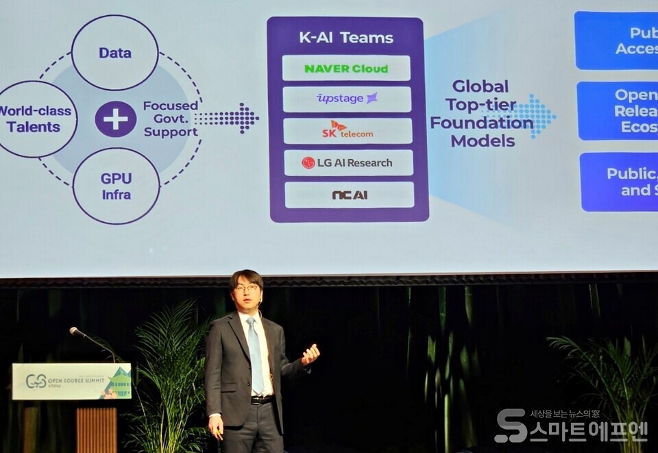 하정우 대통령실 AI미래기획수석이 오픈소스 서밋에서 기조연설을 하고 있다./사진=양대규 기자
