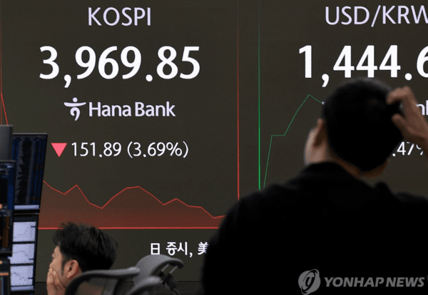5일 서울 을지로 하나은행 본점 딜링룸 현황판에 코스피가 표시되고 있다. 이날 코스피는 전 거래일보다 66.27포인트(1.61%) 내린 4,055.47로 시작해 장중 4,000선 아래로 떨어졌다./사진=연합뉴스 