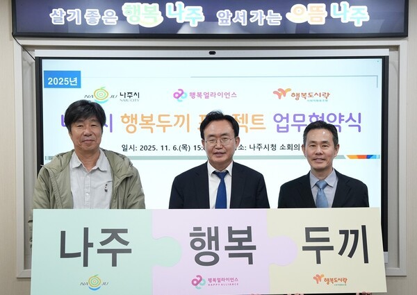 전남 나주시가 지난 6일 오후 시청 소회의실에서 행복나래㈜, 행복도시락사회적협동조합과 함께 '행복두끼 프로젝트' 업무협약을 체결하고 있다.가운데 윤병태 나주시장./사진=나주시